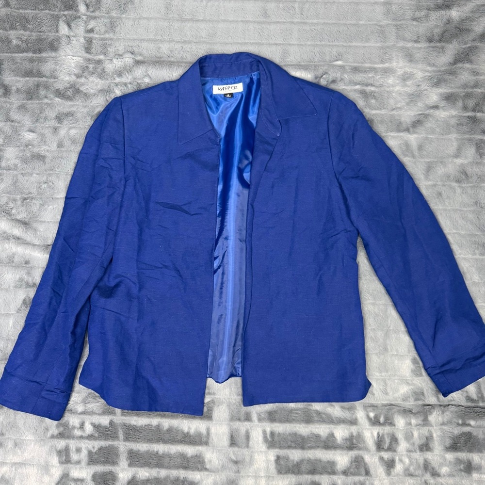Kasper Dress Royal Blue Linen Rayon Blend Open Front Blazer Jacket Womens 10